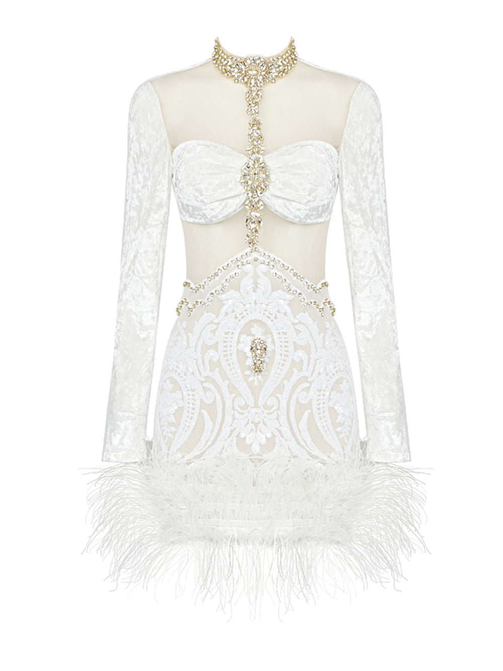 White High Neck Rhinestone Illusion Lace Feather Hem Bodycon Mini Dress