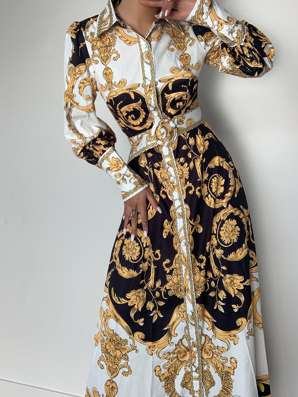 Gold Collared Baroque Print Long Sleeve High Slit Shirt Maxi Dress 2