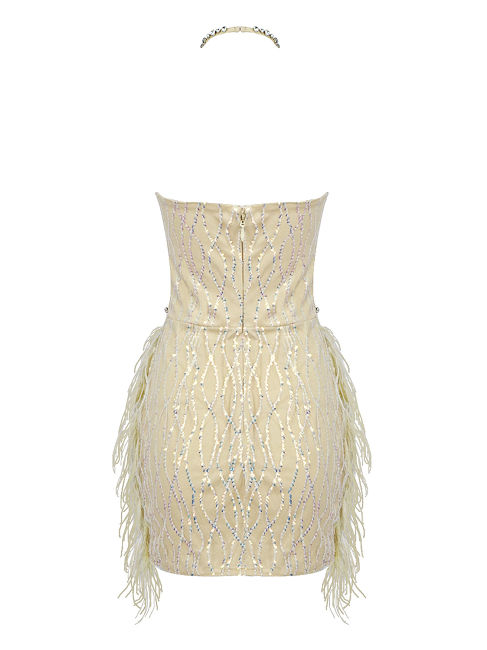 Beige Halter Neck Rhinestone Feather Skirt Bodycon Mini Dress