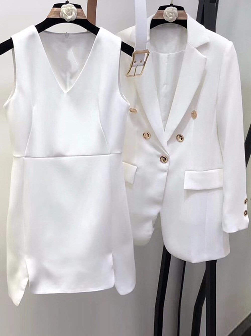 White V-Neck Belted Gold Button Blazer and Mini Dress Set 6