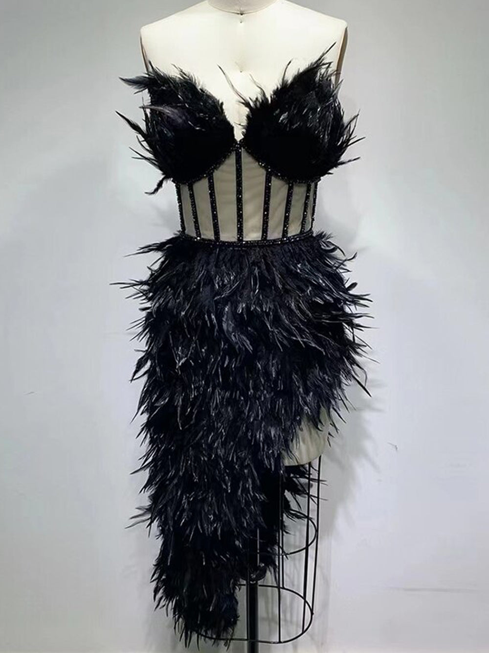 Black Strapless Feather Beaded Corset Bodycon Mini Dress 9
