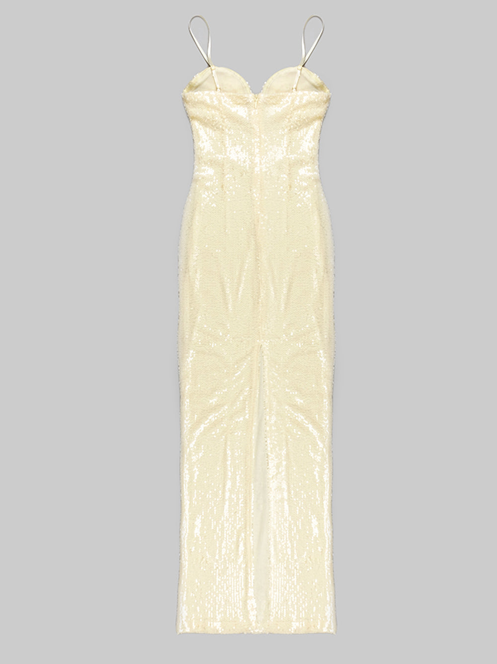 Beige Spaghetti Strap Rosette Cup Sequin Bodycon Maxi Gown 6