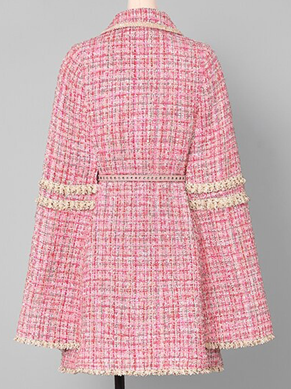 Pink Notch Lapel Fringe Trim Belted Tweed Cape Coat