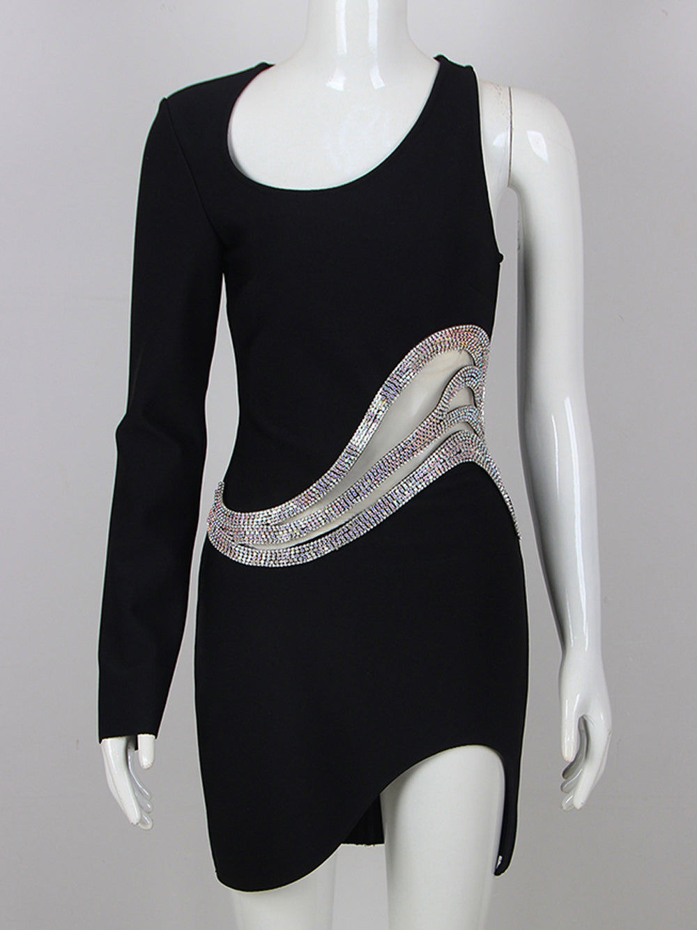 Black One Shoulder Rhinestone Mesh Cutout Long Sleeve Bodycon Mini Dress