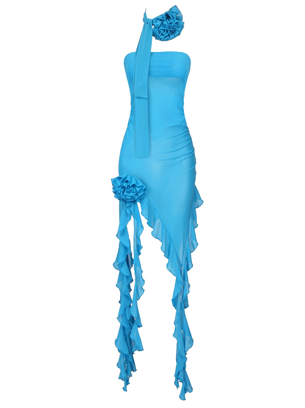 Blue Strapless Rosette Flower Ruched Asymmetric Ruffle High Slit Maxi Dress 12
