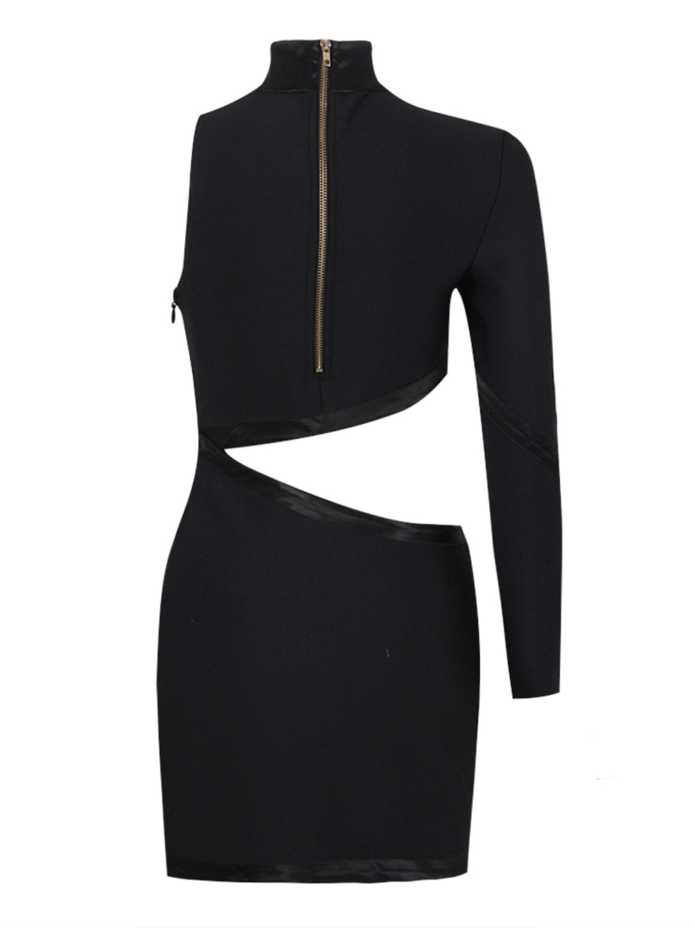 Black High Neck One Shoulder Cutout Gold Button Bodycon Mini Dress
