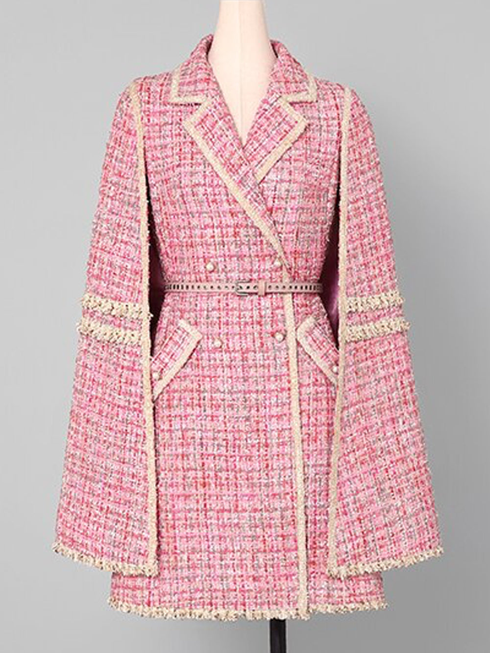 Pink Notch Lapel Fringe Trim Belted Tweed Cape Coat