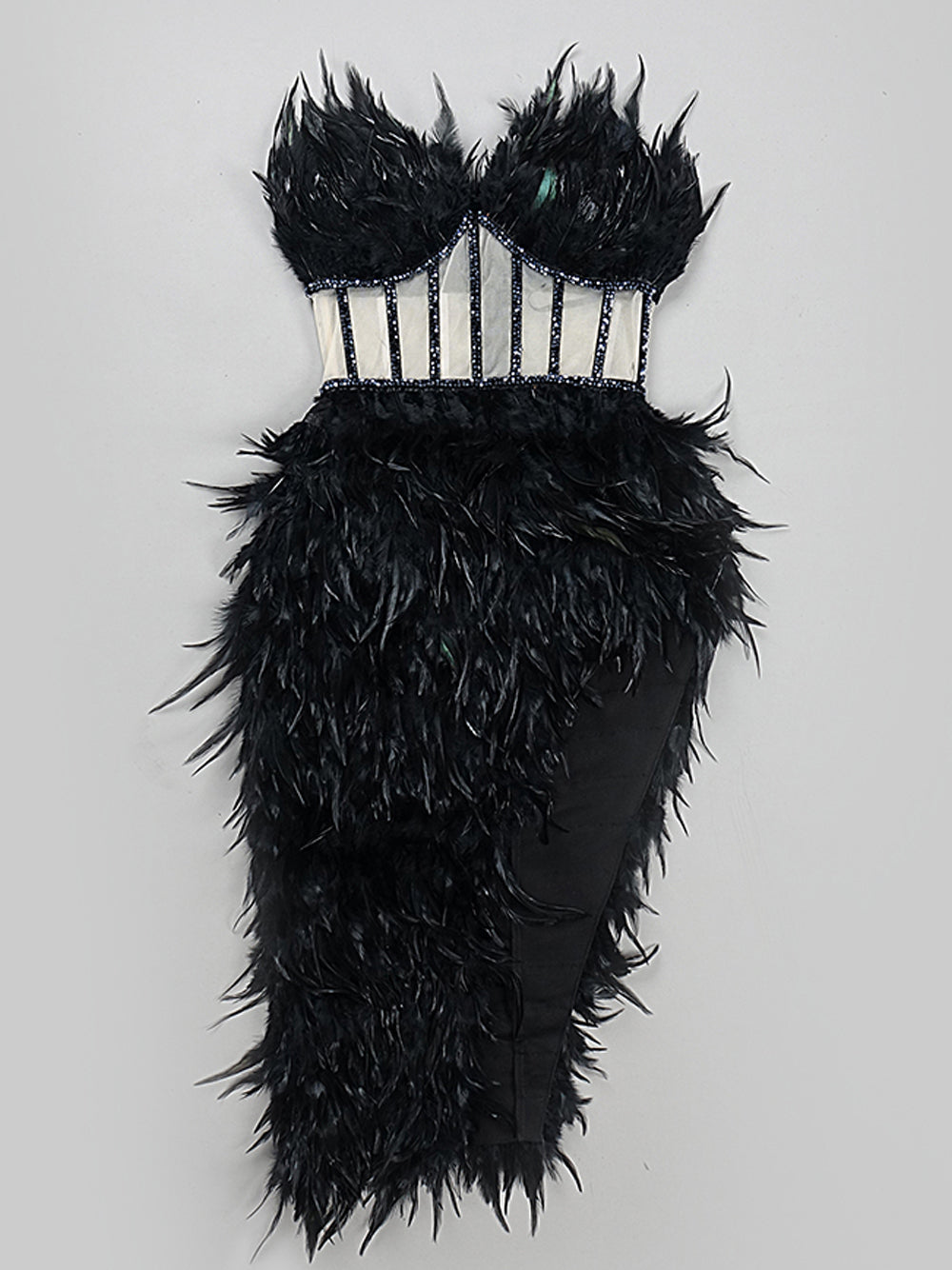 Black Strapless Feather Beaded Corset Bodycon Mini Dress 5