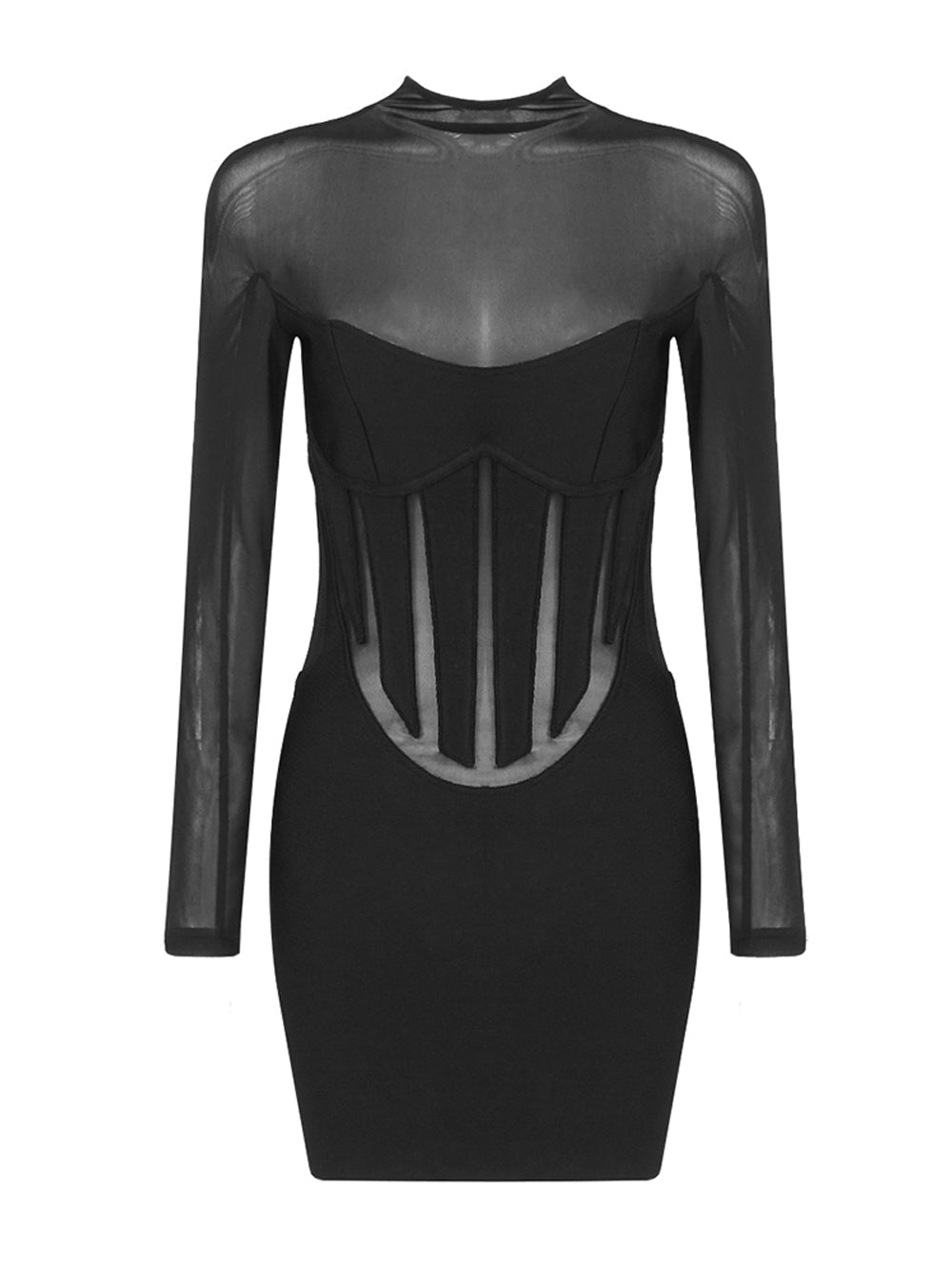 Black Mock Neck Mesh Illusion Corset Long Sleeve Bodycon Mini Dress