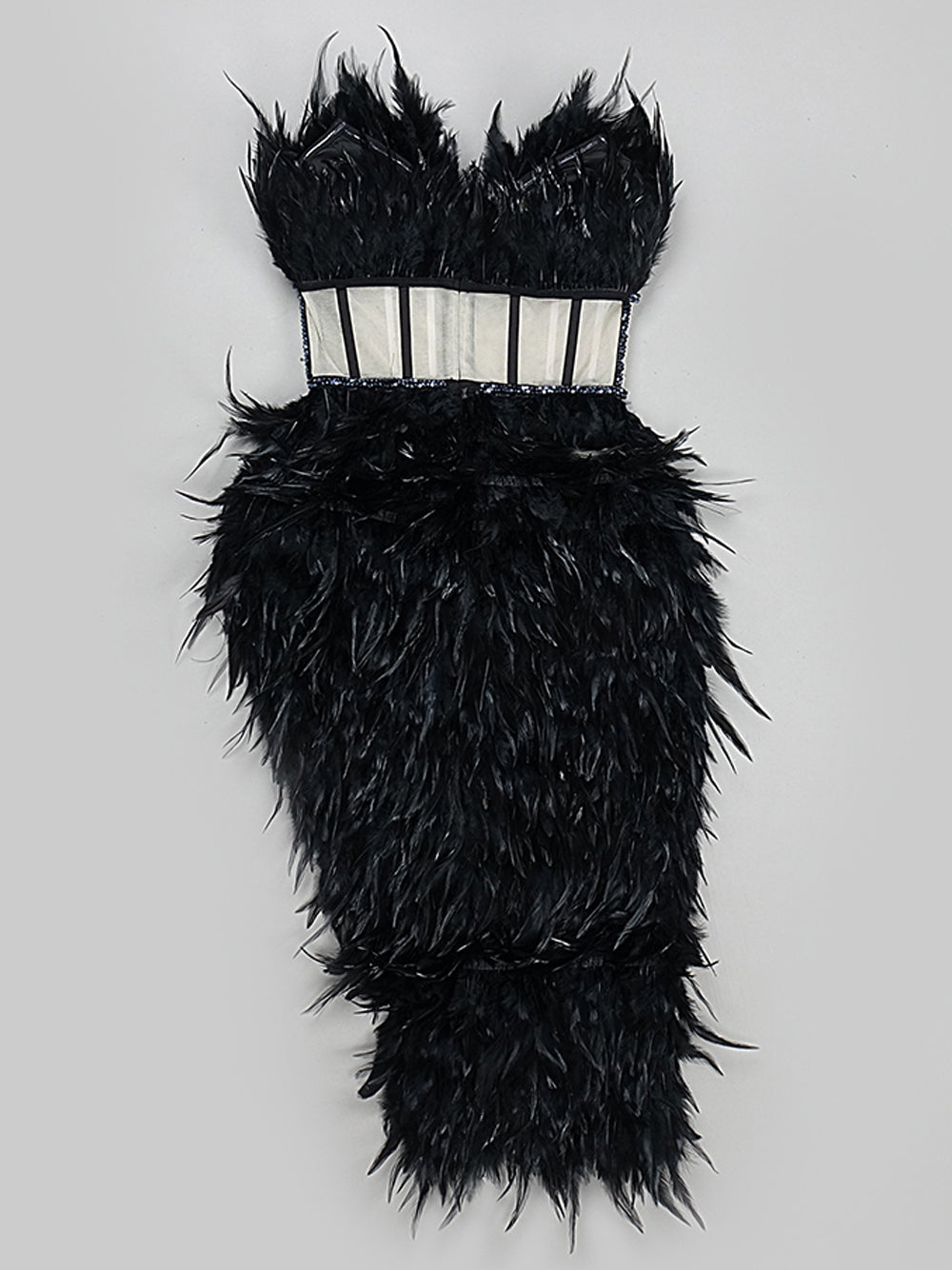 Black Strapless Feather Beaded Corset Bodycon Mini Dress 6