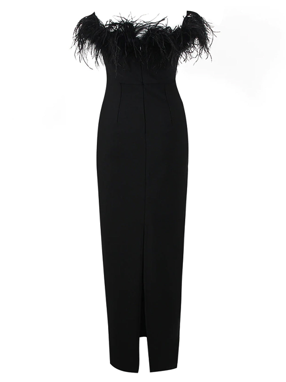 Black Strapless Feather Trim Bodycon Column Maxi Dress 2