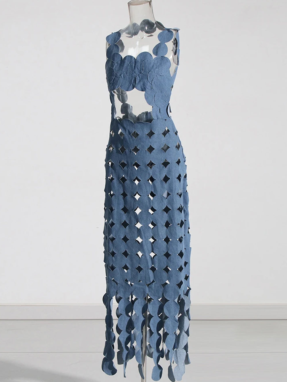Denim Halter Neck Disc Link Cutout Waist Fringe Bodycon Maxi Dress 11