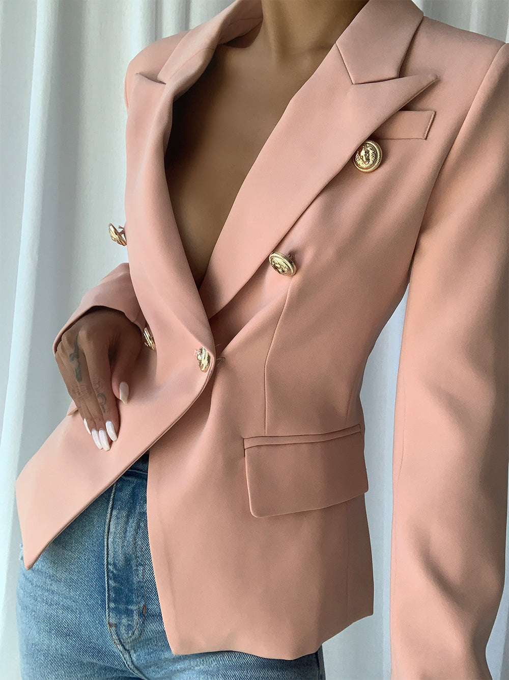 Beige Peak Lapel Gold Button Double Breasted Slim Blazer 3