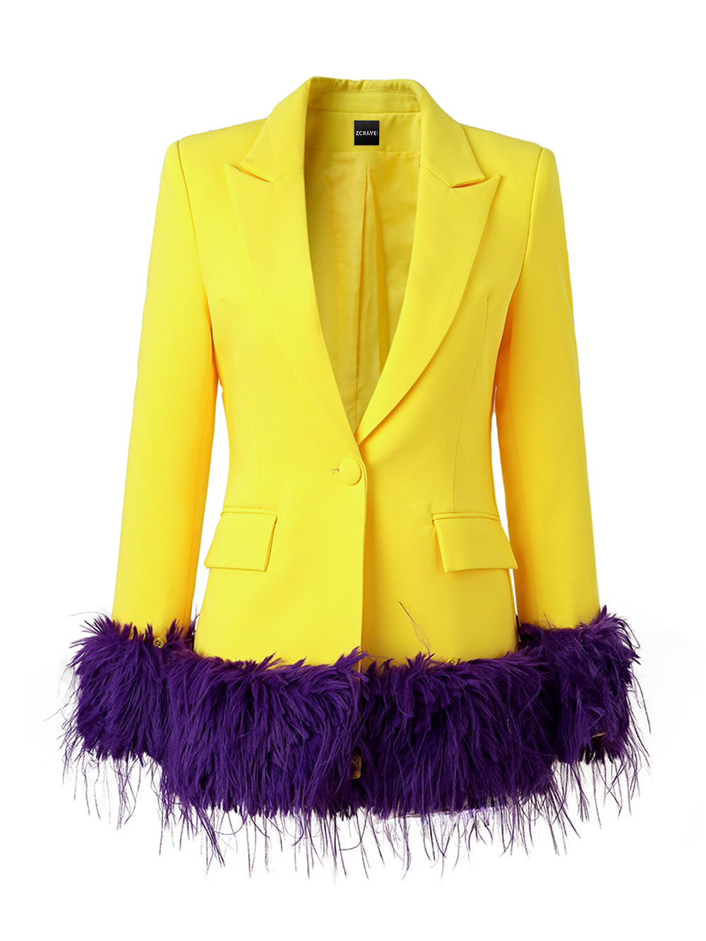 Yellow Peak Lapel Feather Trim Cuff Single Button Blazer