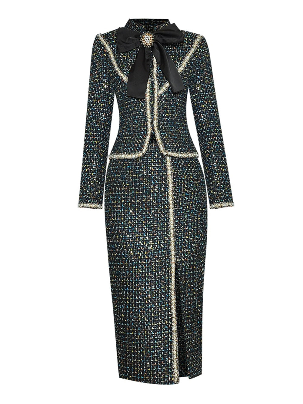 Multicolor Contrast Trim Tweed Cropped Jacket And Skirt Set 11