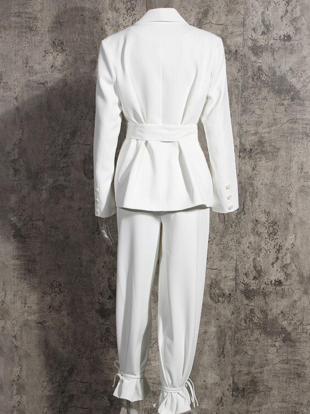 White Shawl Collar Tie Waist Blazer And Tie-Cuff Trouser Set