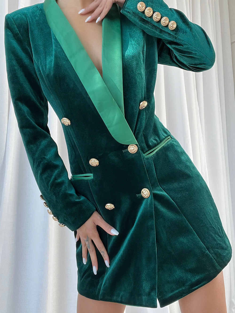 Dark Green Shawl Lapel Velvet Double Breasted Gold Button Blazer Dress