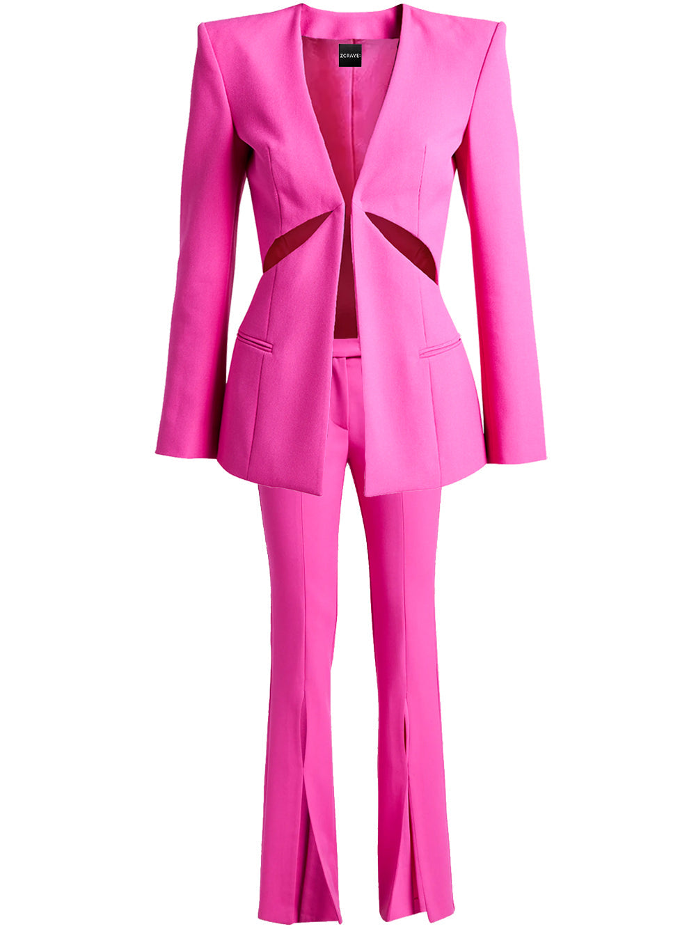 Fuchsia Collarless Plunge Cutout Blazer and Split Leg Pants Set