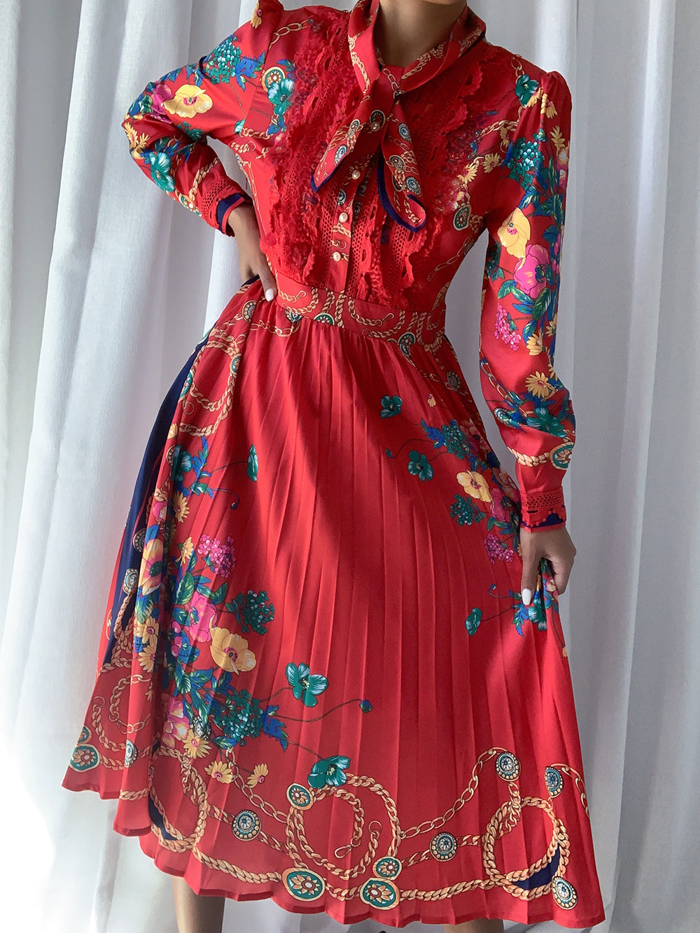 Red Bow Tie Neck Long Sleeve Floral Lace Pleated A-Line Midi Dress