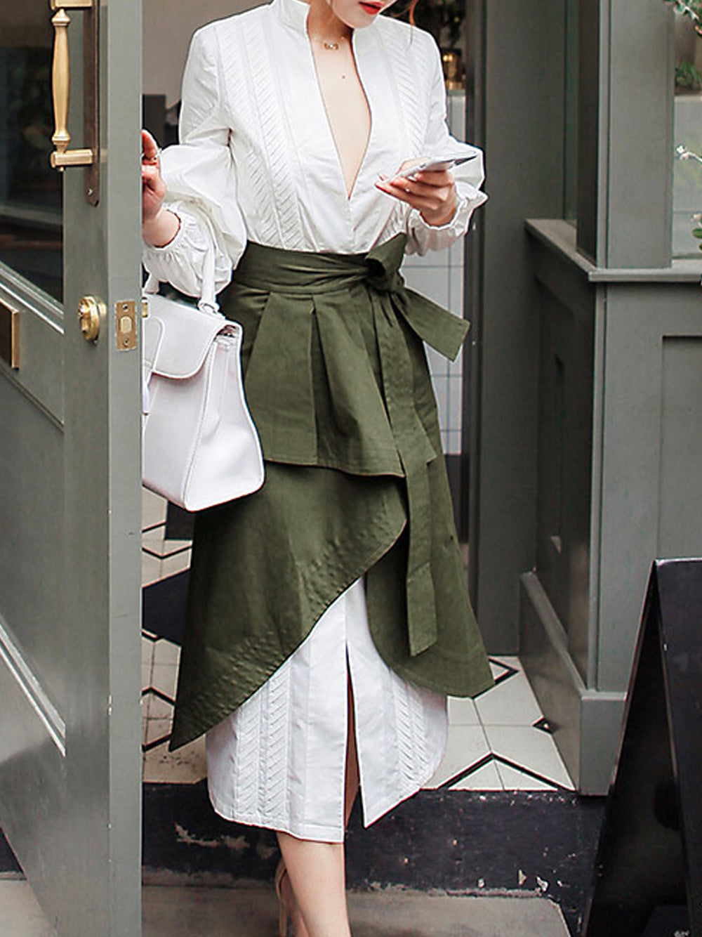 White Puff Sleeve Pintuck Shirt Dress And Wrap Skirt Set