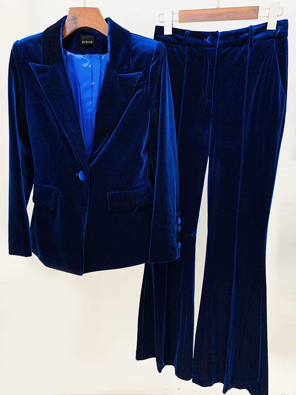 Navy Blue Peak Lapel Plunge Velvet Blazer And Flared Pants Set