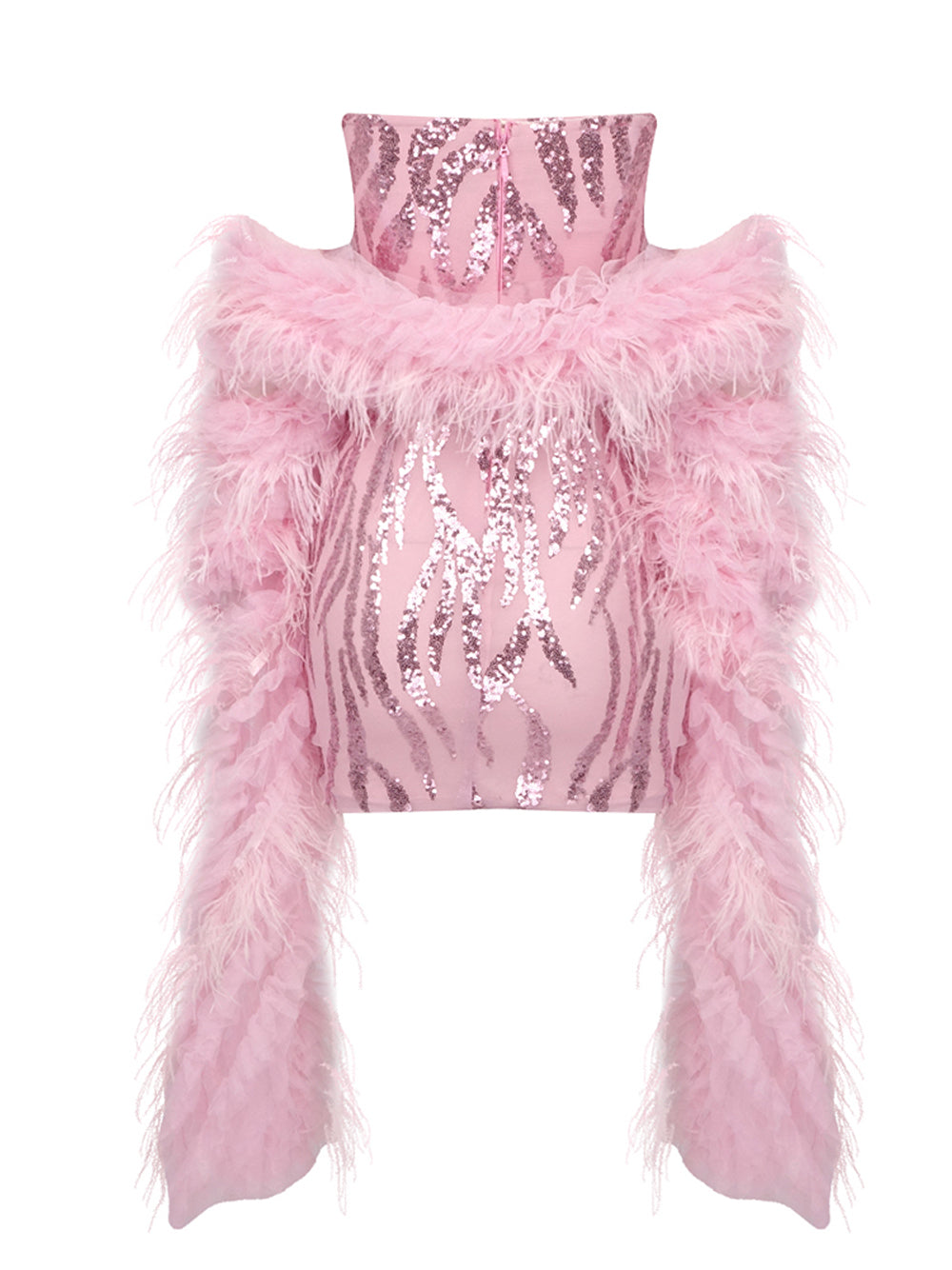 Pink Off-Shoulder Crystal Bust Feather Sleeve Sequin Bodycon Mini Dress 2