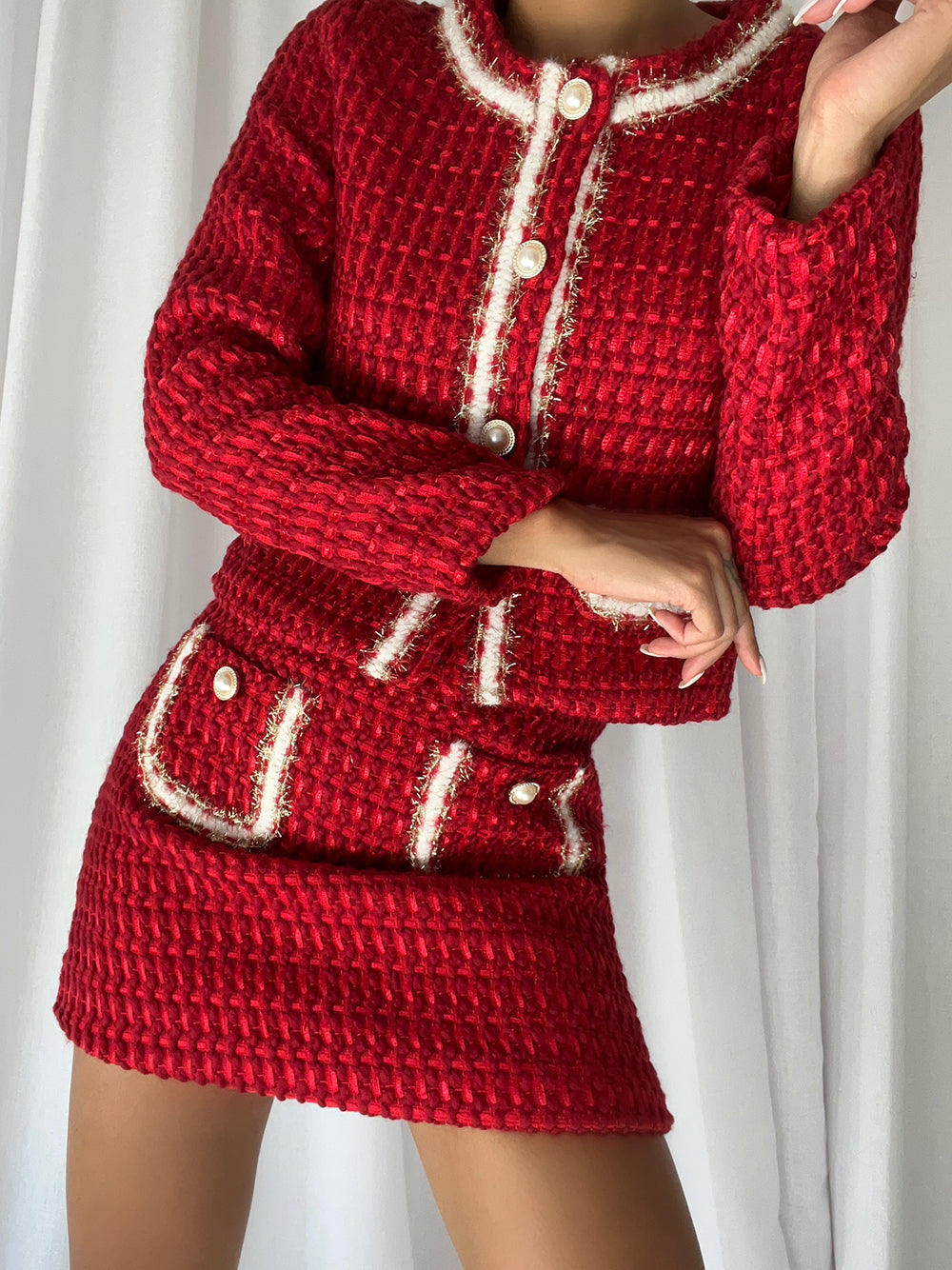 Red Pearl Button Contrast Trim Tweed Jacket and Mini Skirt Set 4