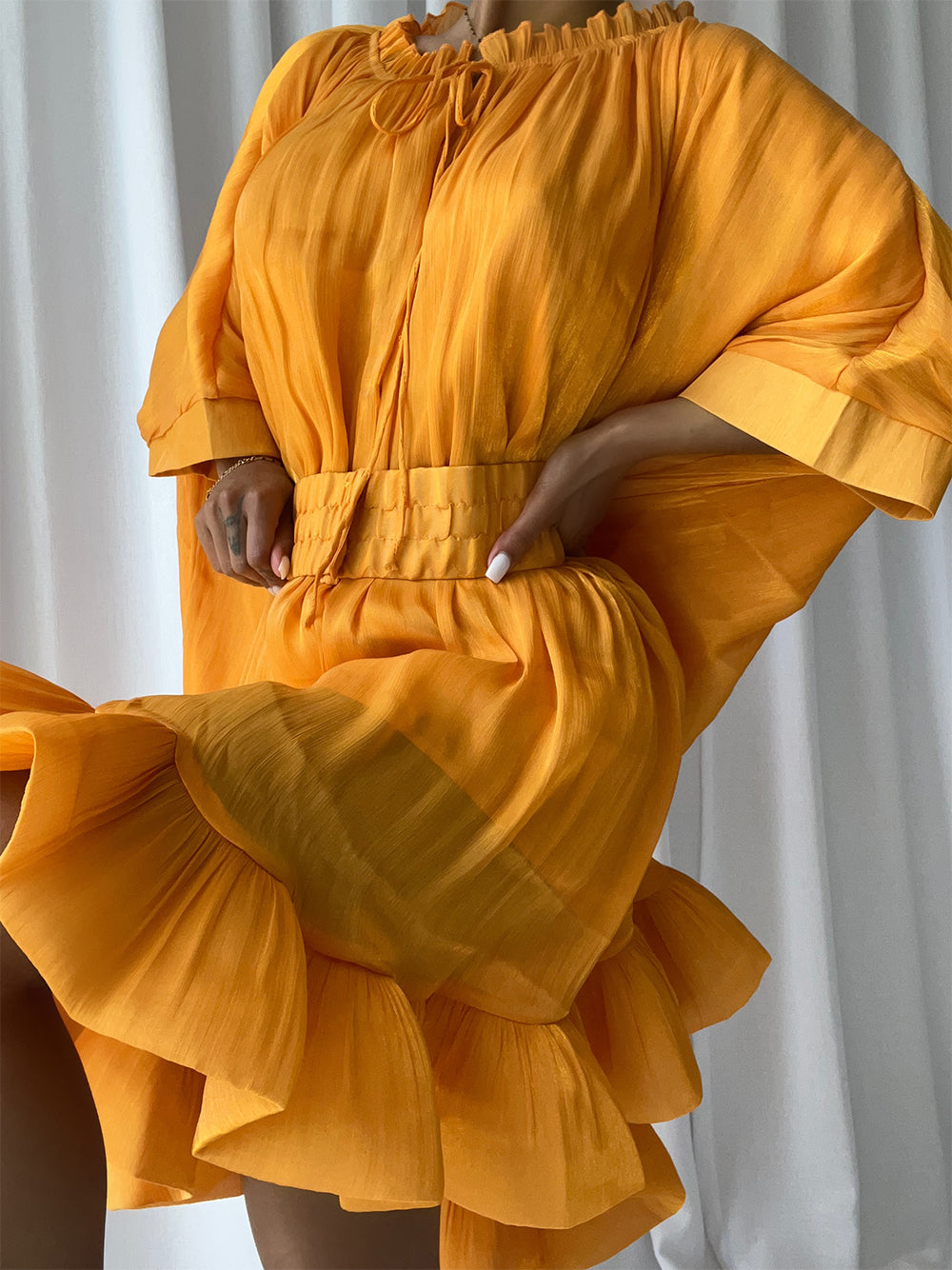 Tie Neck Ruffle Hem Batwing Sleeve Belted Flared Mini Dress