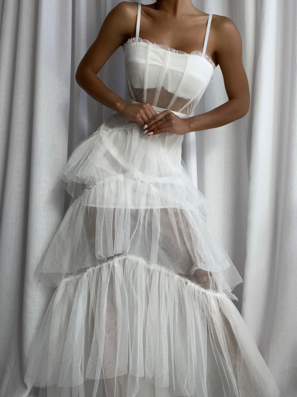 White Spaghetti Strap Straight Neck Corset Tiered Tulle Maxi Dress 3