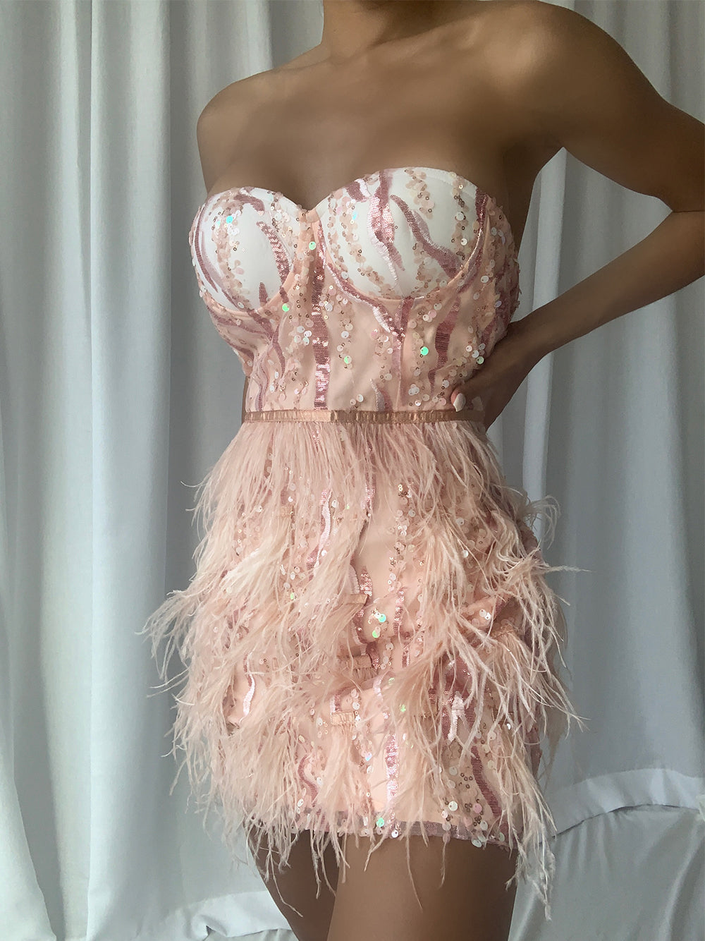 Pink Strapless Sweetheart Sequin Feather Trim Bustier Bodycon Mini Dress