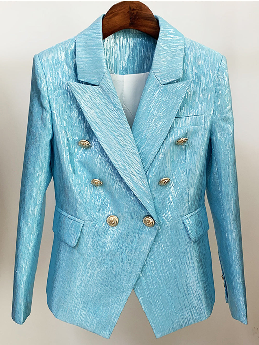 Turquoise Peak Lapel Double Breasted Gold Button Shimmer Blazer