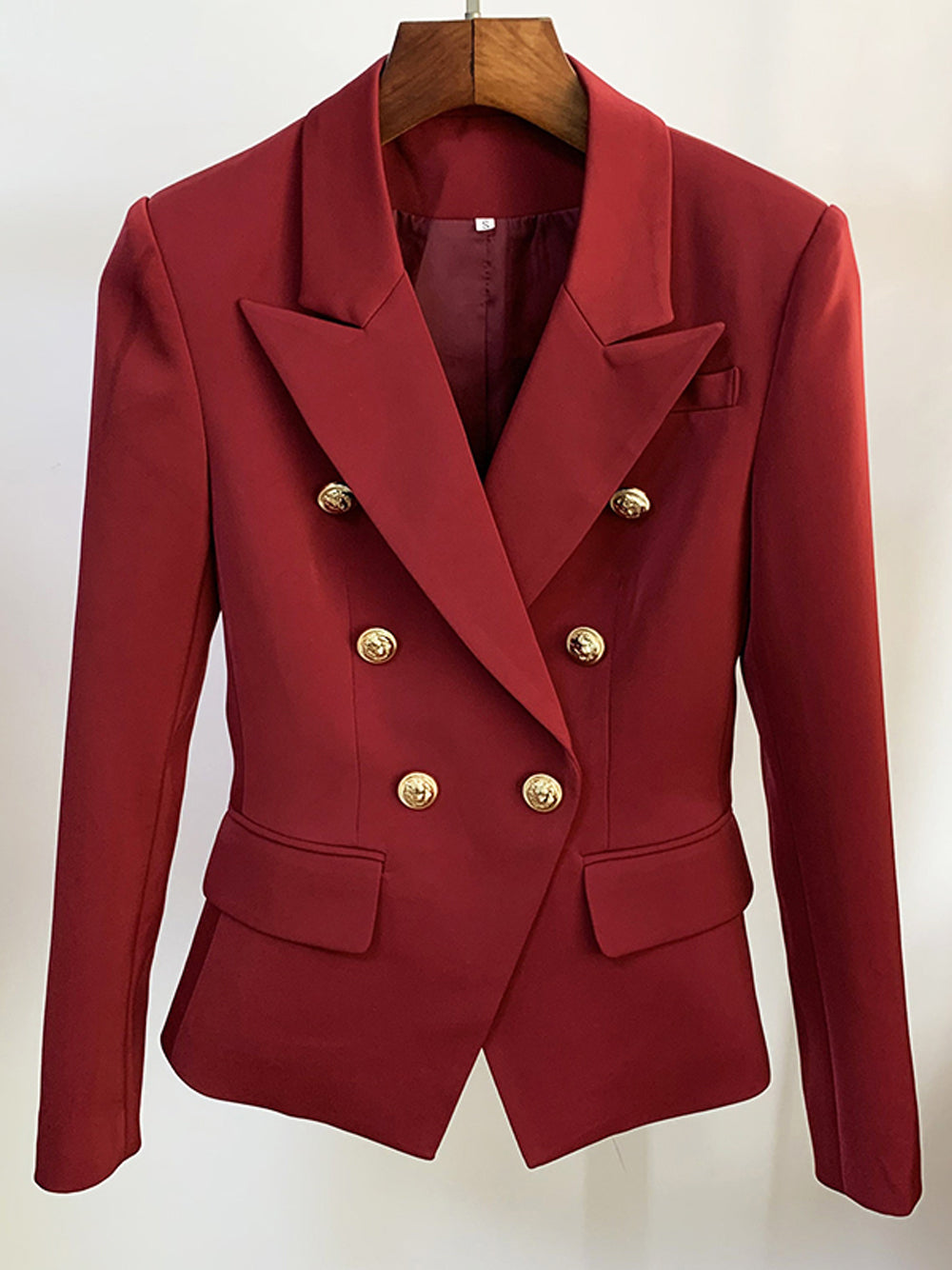 Burgundy Peak Lapel Double Breasted Gold Button Fitted Blazer 4