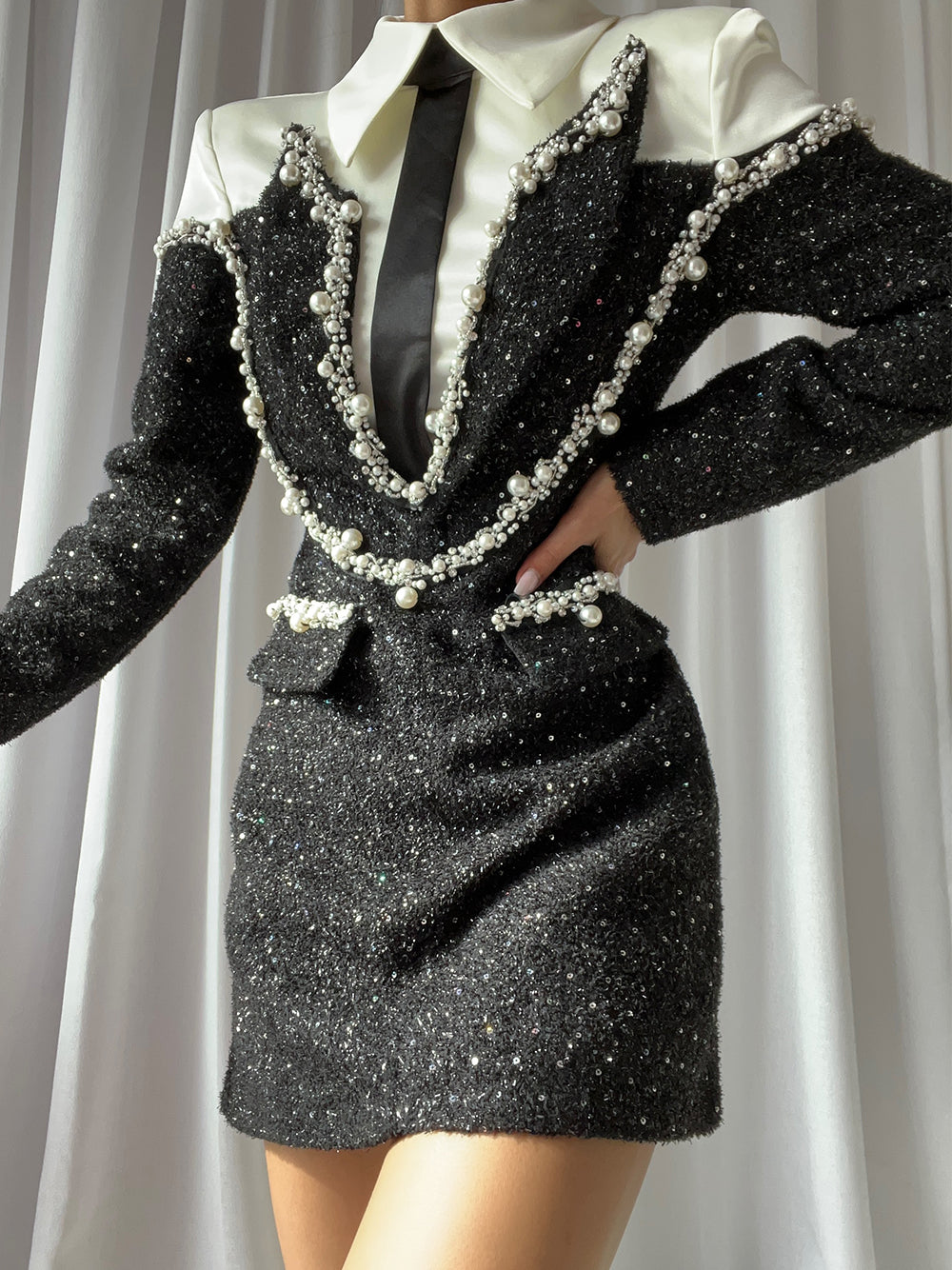 Black Collared Long Sleeve Pearl Trim Sequin Blazer Mini Dress 5