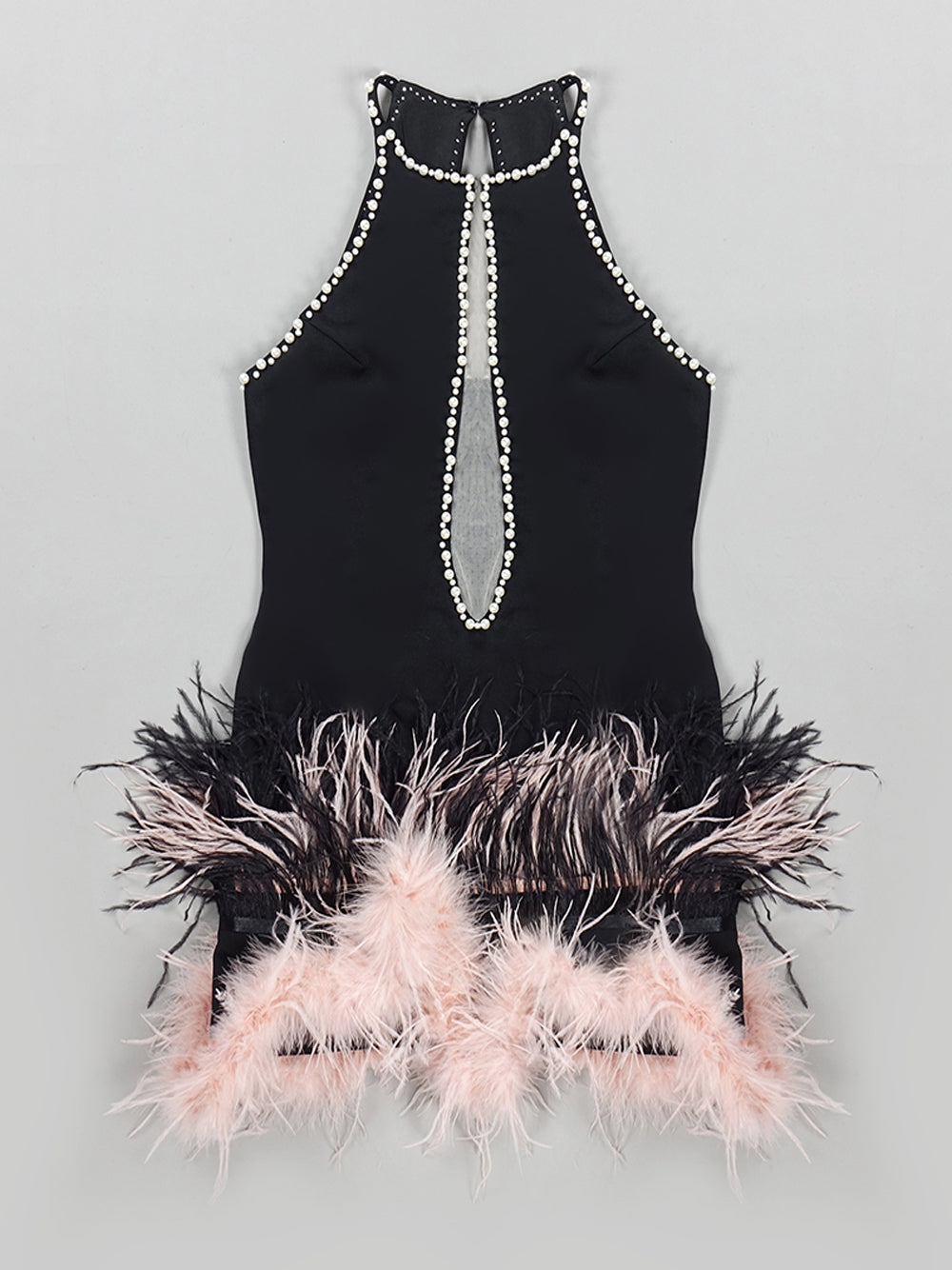 Black Halter Neck Pearl Beaded Mesh Cutout Feather Hem Bodycon Mini Dress 8