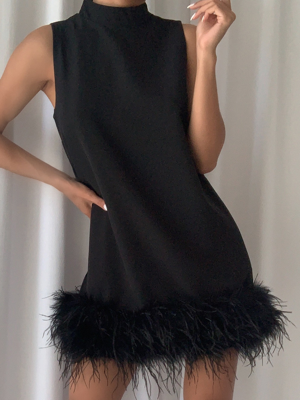Black High Neck Sleeveless Feather Trim Hem Shift Mini Dress 2