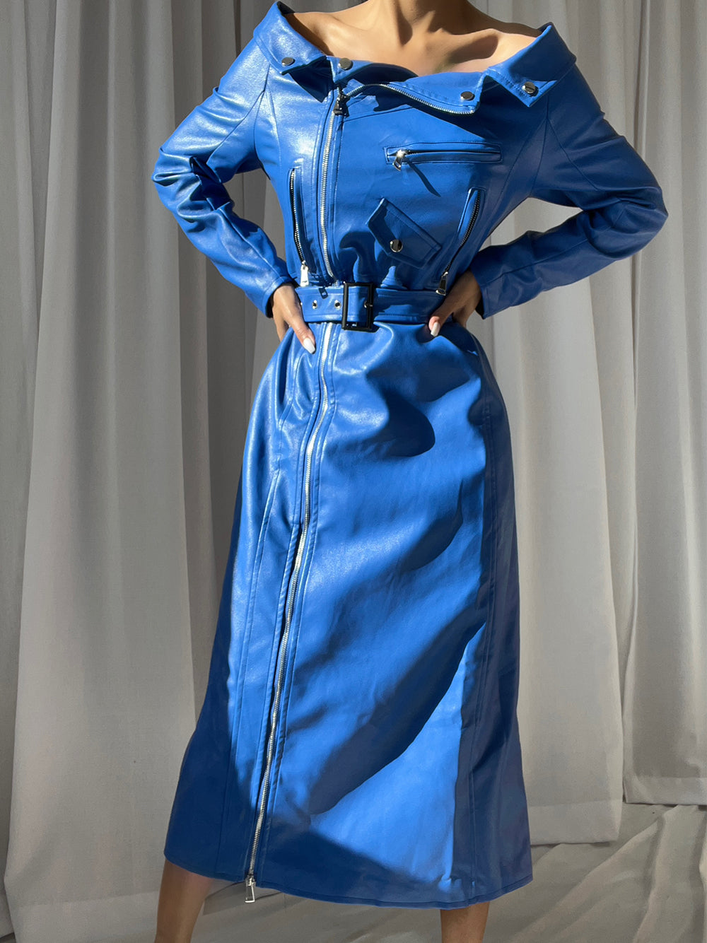 Royal Blue Off-Shoulder Long Sleeve Zip Front Belted Leather Maxi Dress 2