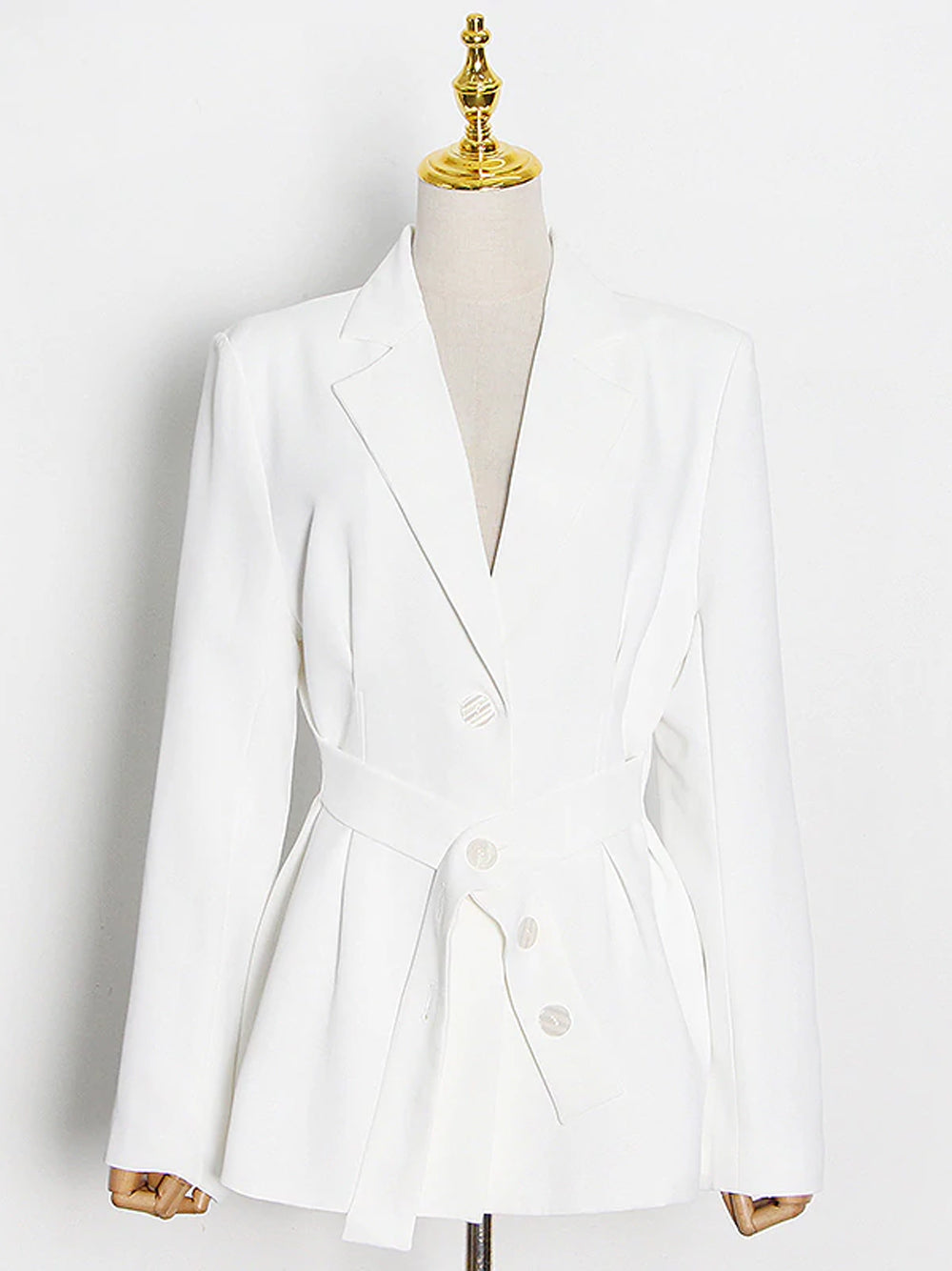 White Notch Lapel Ruched Corset Belt Long Sleeve Blazer 5