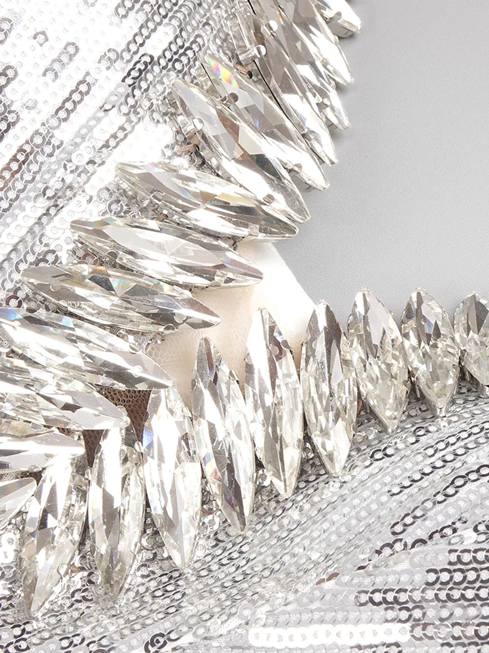 Silver V-Neck Rhinestone Sequin Fringe Tiered Bodycon Mini Dress 3
