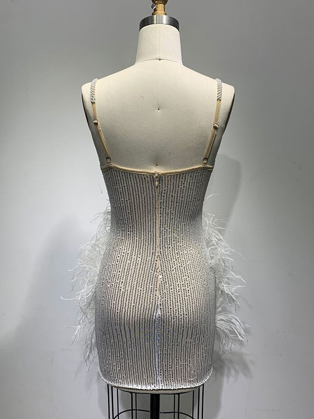 White Spaghetti Strap V-Neck Rhinestone Feather Trim Bodycon Mini Dress 9