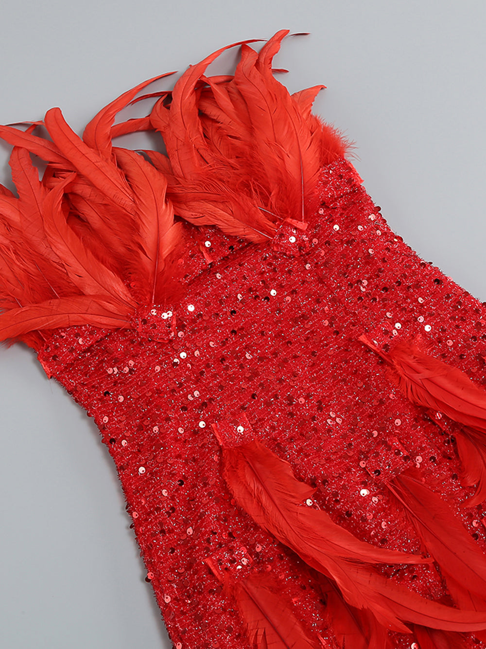 Red Strapless Sequin Feather Trim Bodycon Mini Dress