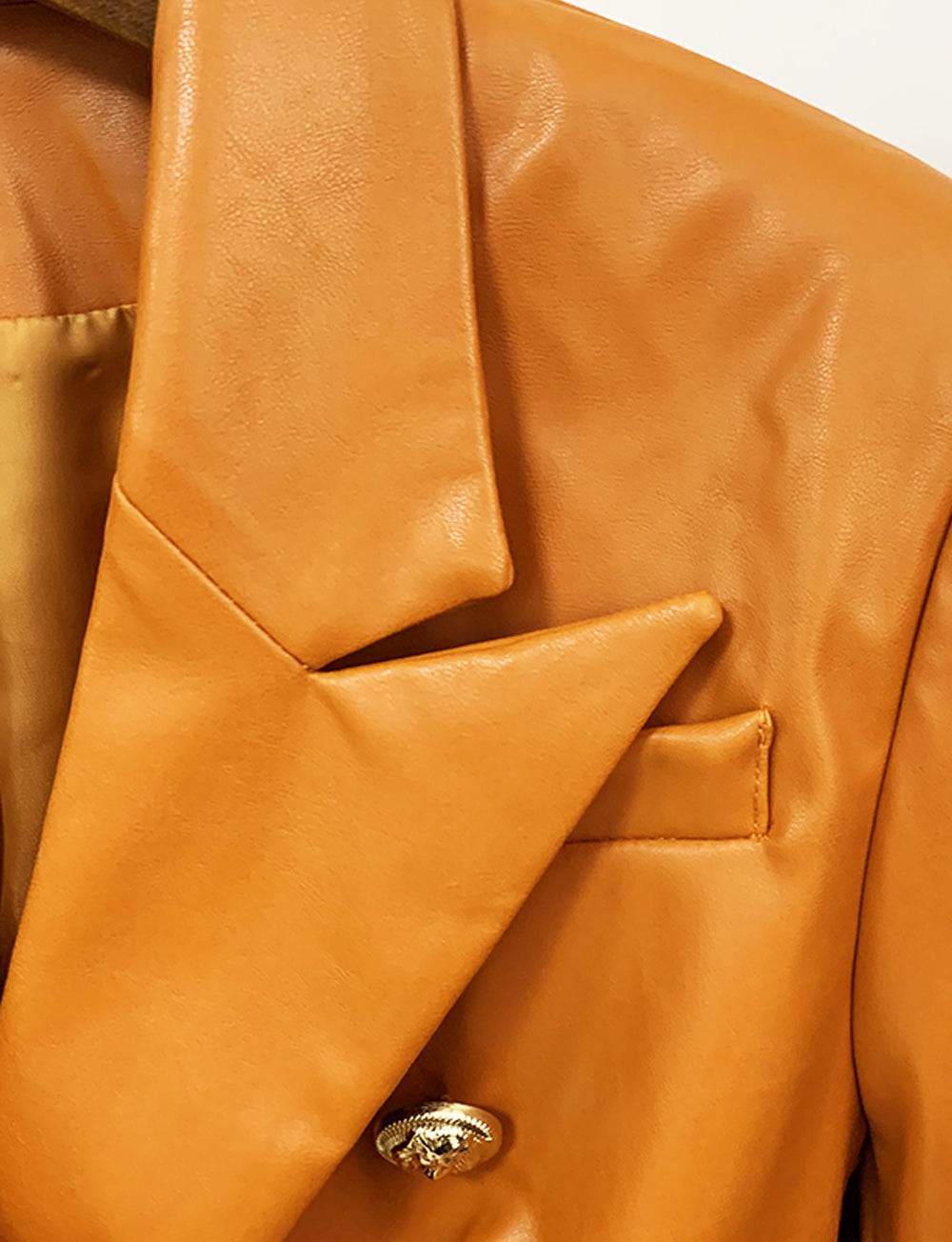 Brown Peak Lapel Double Breasted Gold Button Faux Leather Blazer