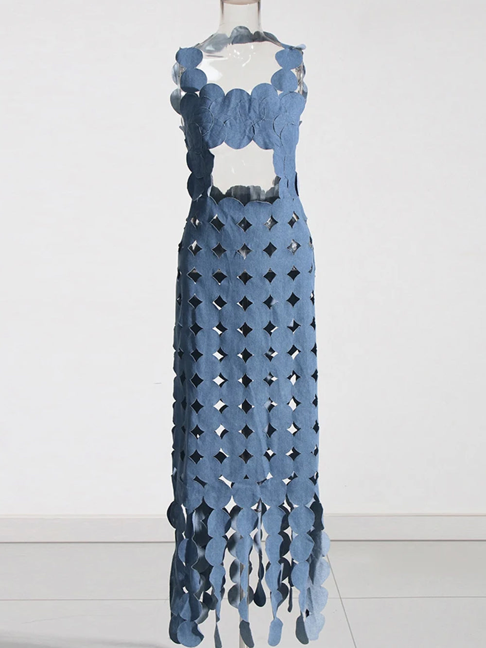Denim Halter Neck Disc Link Cutout Waist Fringe Bodycon Maxi Dress 7