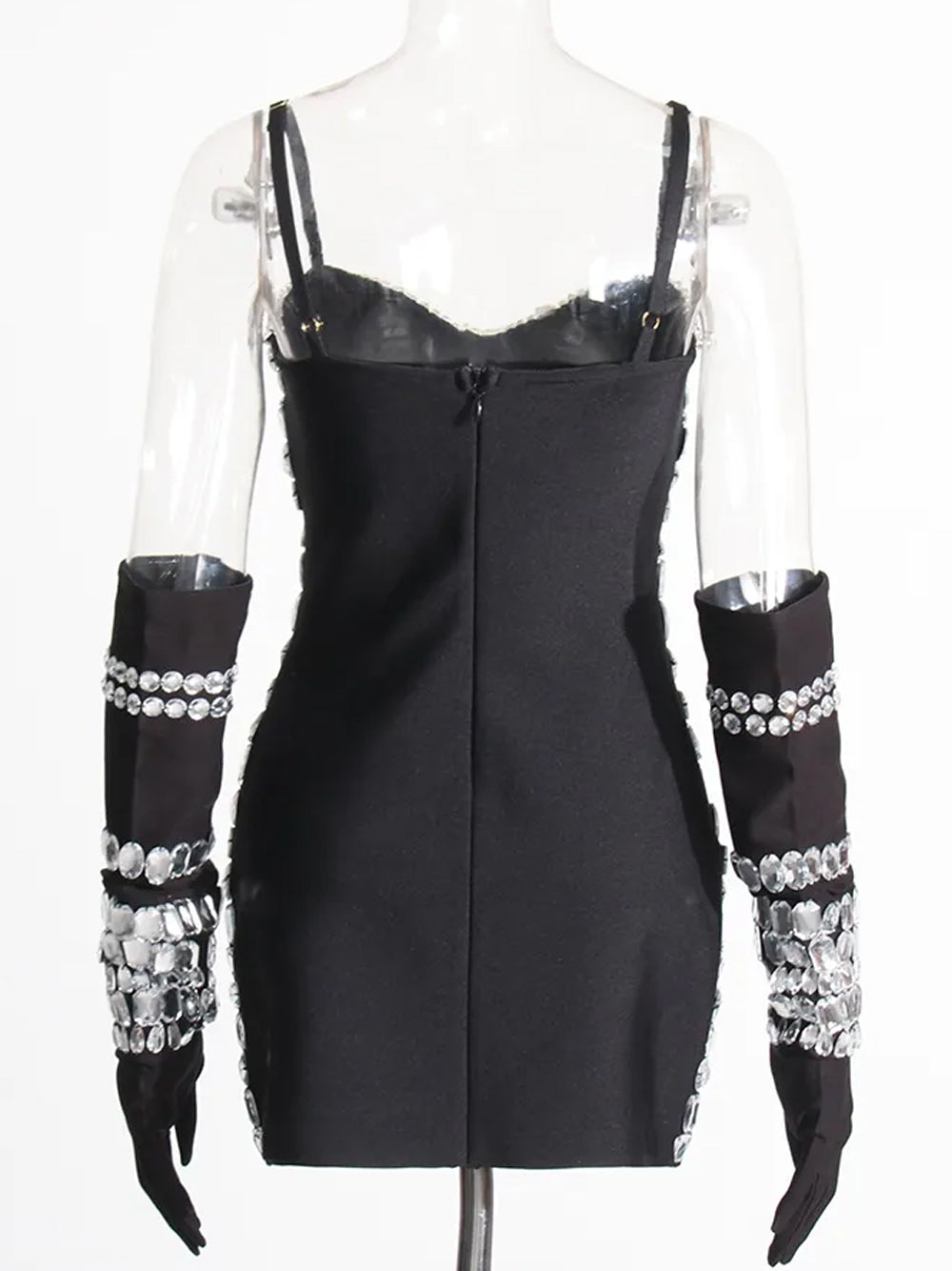 Black Spaghetti Strap Crystal Embellished Bodycon Mini Dress