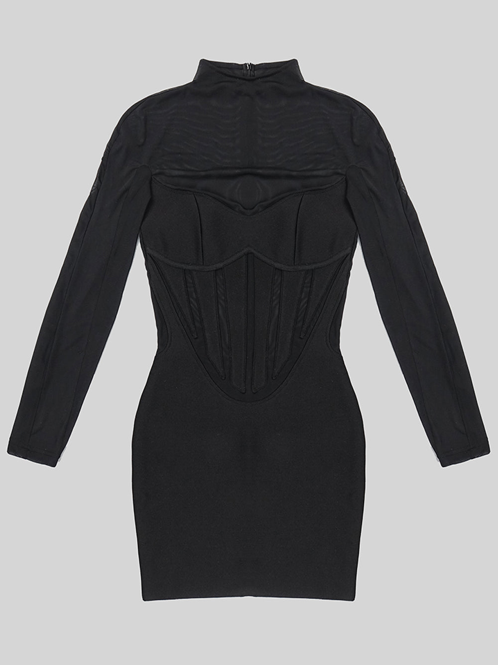 Black Mock Neck Mesh Illusion Corset Long Sleeve Bodycon Mini Dress
