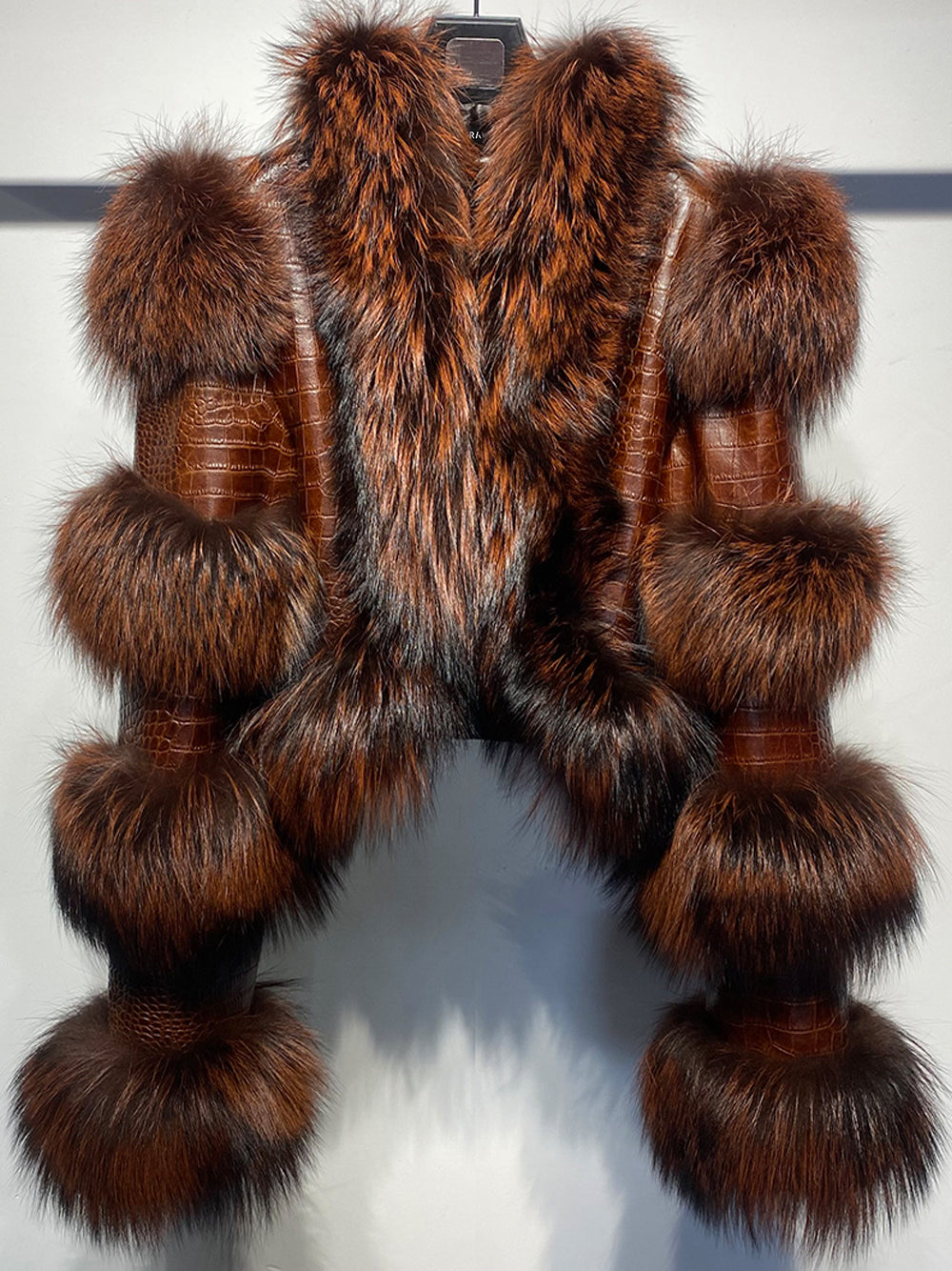 Brown Fur Trim Croc Leather Cropped Jacket