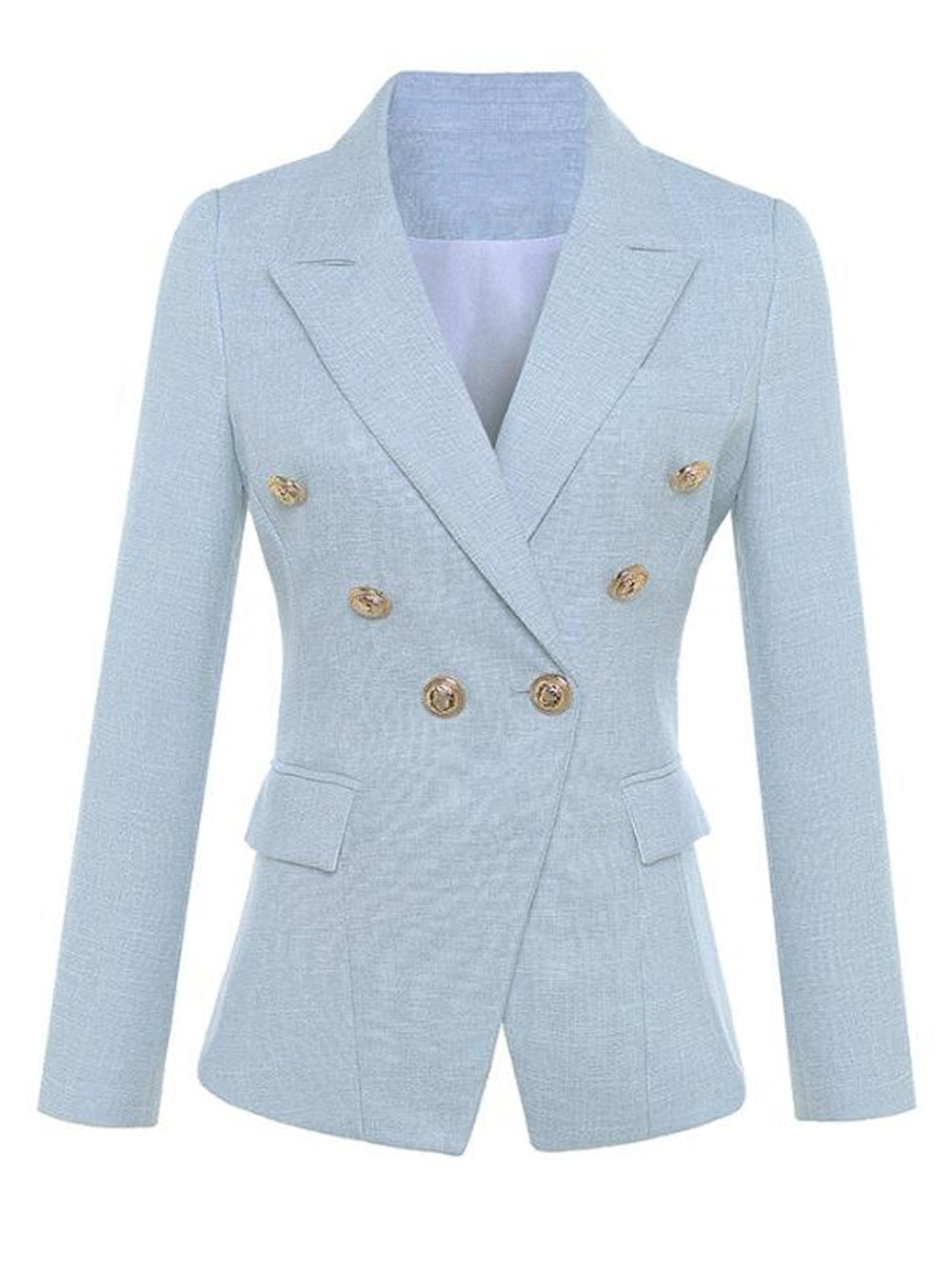 Light Blue Peak Lapel Silver Button Double-Breasted Tweed Blazer