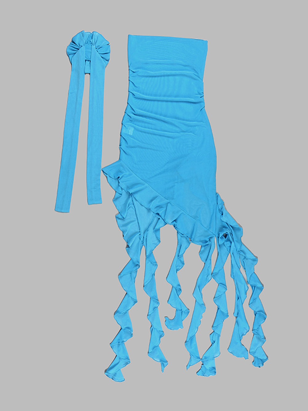 Blue Strapless Rosette Flower Ruched Asymmetric Ruffle High Slit Maxi Dress 14