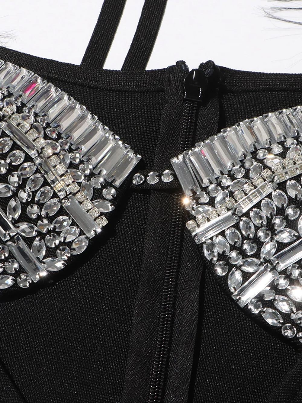 Black Halter Rhinestone Cup Cutout Faux Fur Sleeve Bodycon Mini Dress