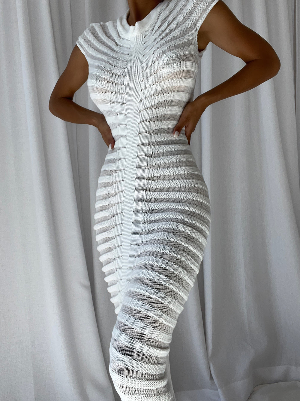 White Mock Neck Sheer Striped Pointelle Knit Bodycon Midi Dress