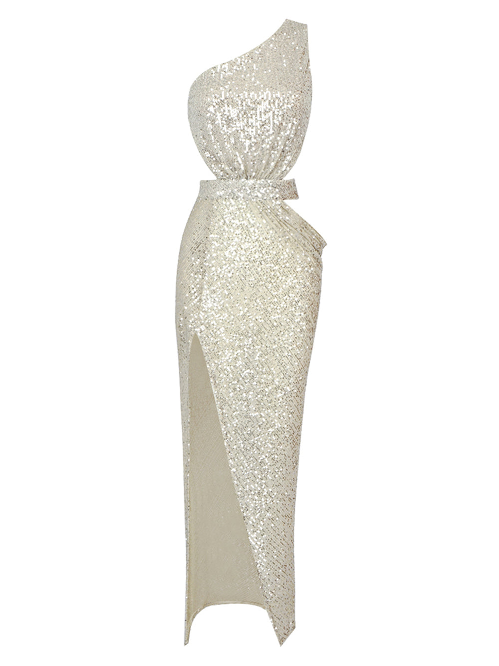 Gold One Shoulder Sequin Cutout Waist High Slit Bodycon Gown